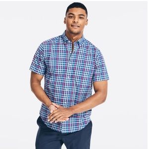 NWT Nautica Plaid Red, White, & Blue Short Sleeve Button Up Shirt / Small